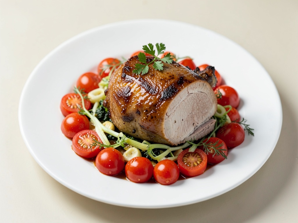 Braciola di tacchino succosa su un letto di pomodori e finocchi