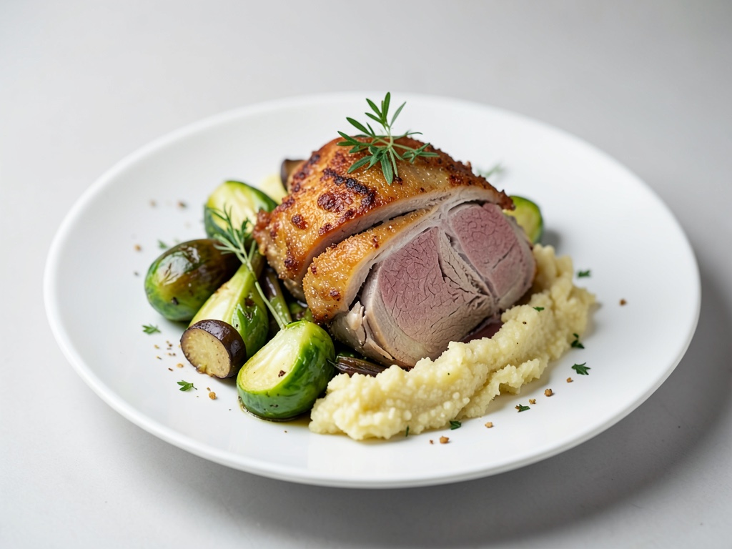 Pollo arrosto croccante con polenta, cavolo di Bruxelles e funghi chanterelle