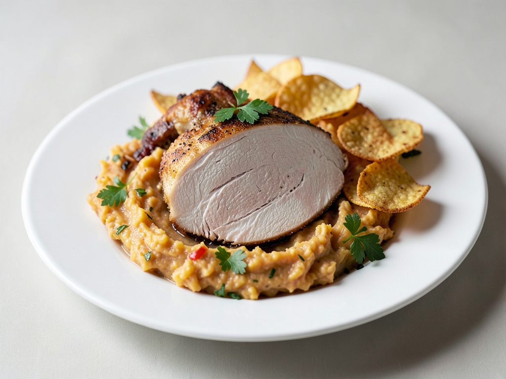 Tenera petto di tacchino con purè cremoso di patate dolci e chips croccanti