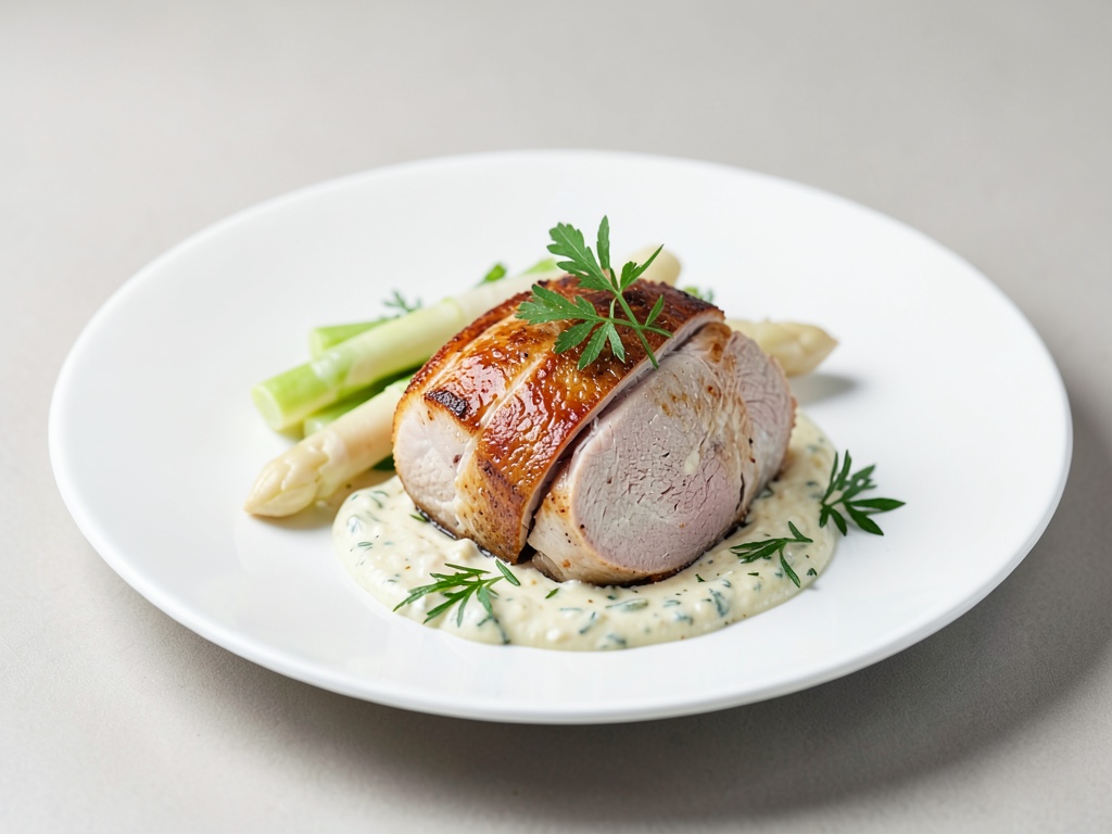 Petto di tacchino tenero con asparagi bianchi cremosi