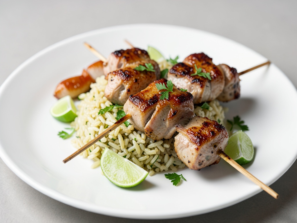 Brochettes de poitrine de poulet avec riz frais au citron vert