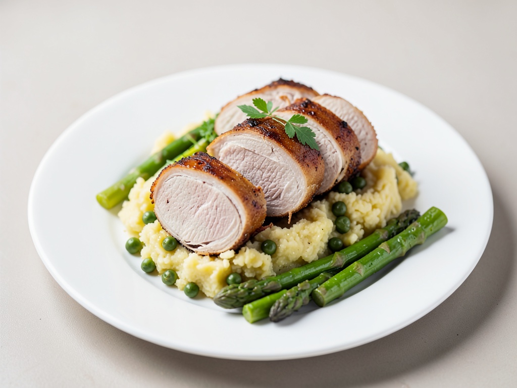 Involtini di tacchino con purè di piselli e patate e asparagi