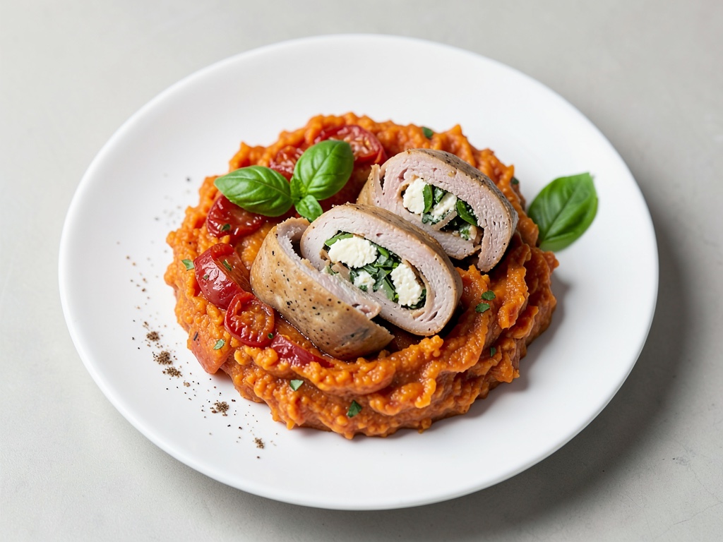 Rotelle di tacchino con formaggio fresco al basilico su purè di patate dolci