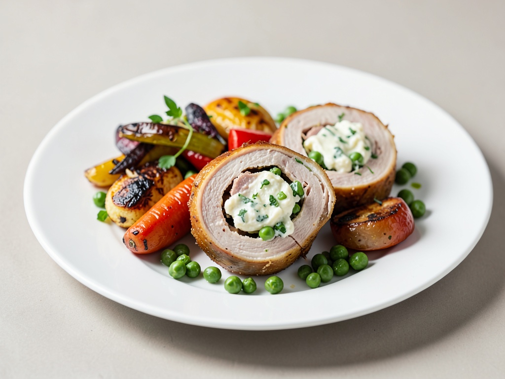 Involtini di pollo con ripieno di formaggio fresco alle erbe e verdure al forno