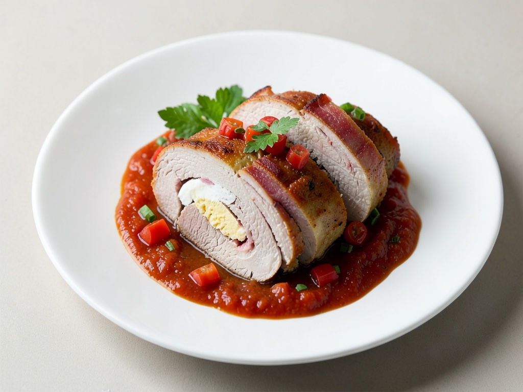 Roulades de dinde aux œufs, bacon et sauce tomate-paprika
