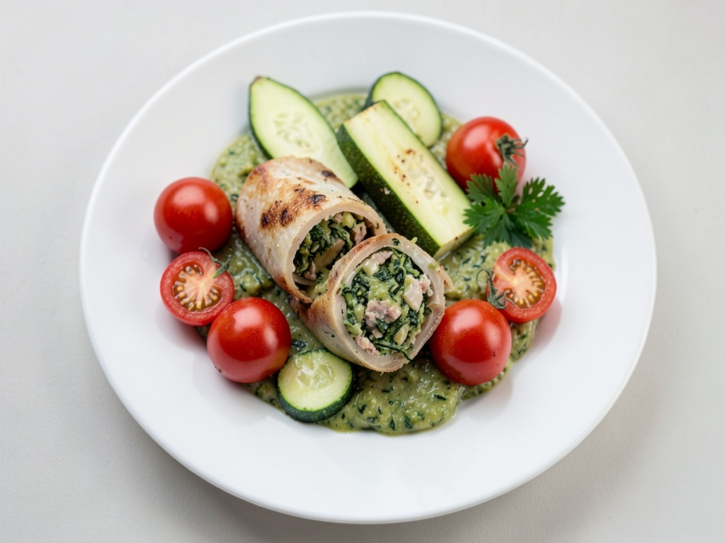 Roulades de dinde à la farce épinards-ricotta et légumes de courgette mijotés