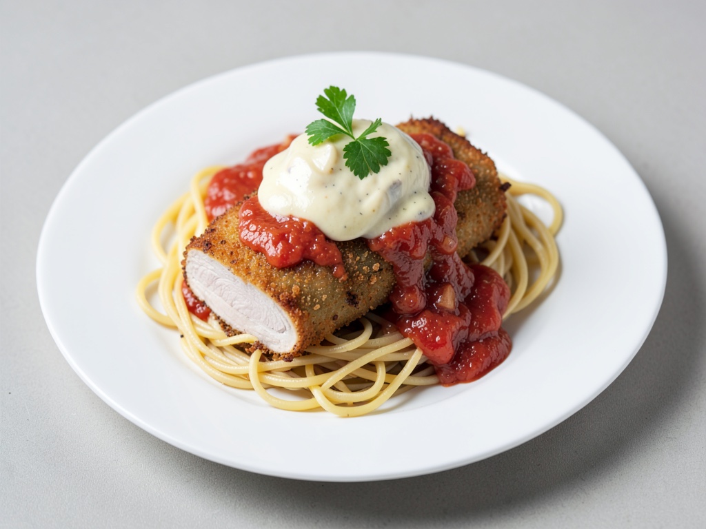 Crocchette di tacchino croccanti con salsa di pomodoro cremosa e spaghetti