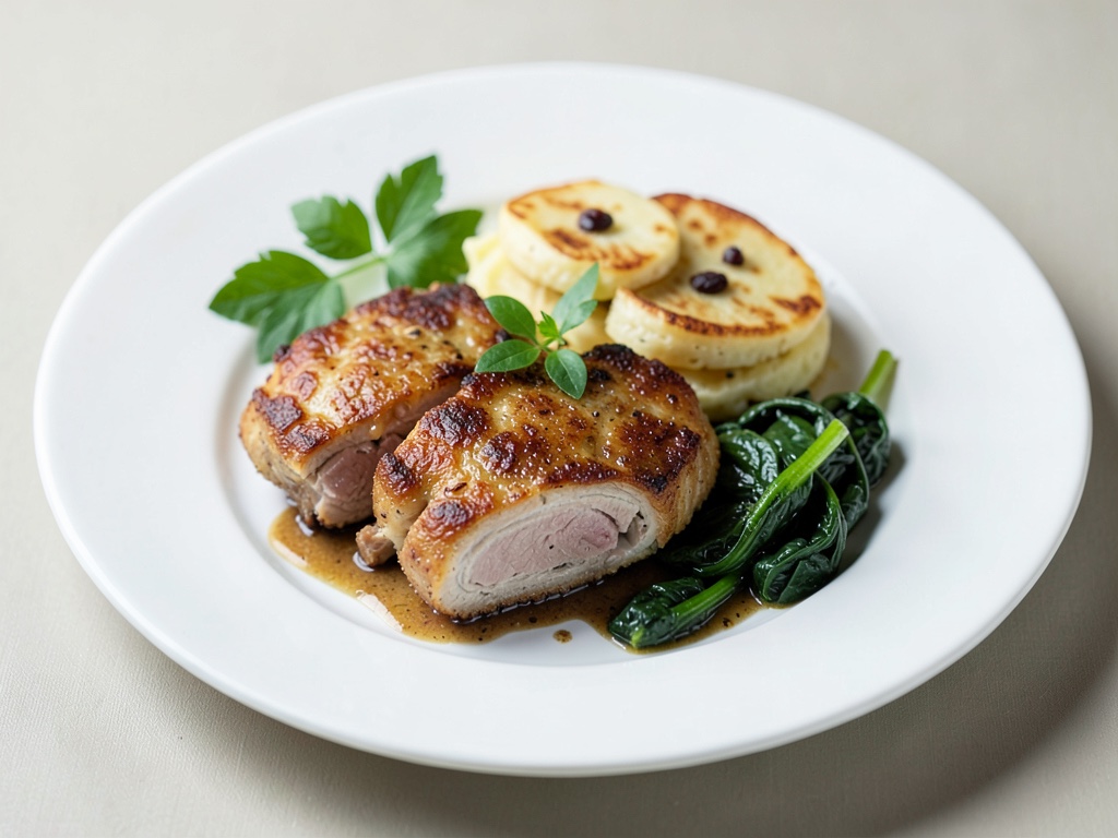 Crocchette di tacchino croccanti con patatine fritte e spinaci con uvetta