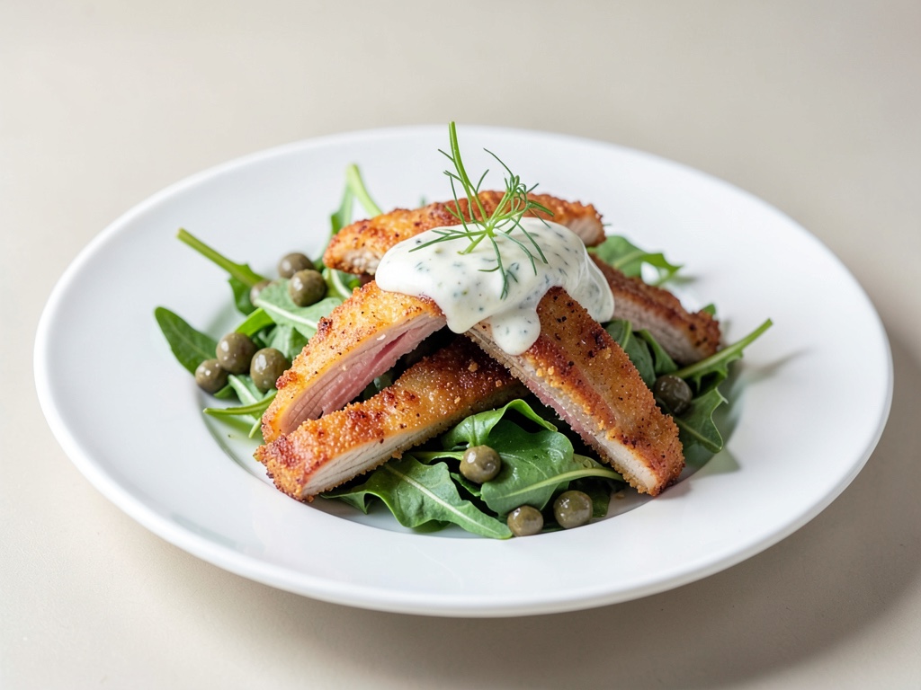 Straccetti di tacchino croccanti su insalata di rucola con condimento ai capperi