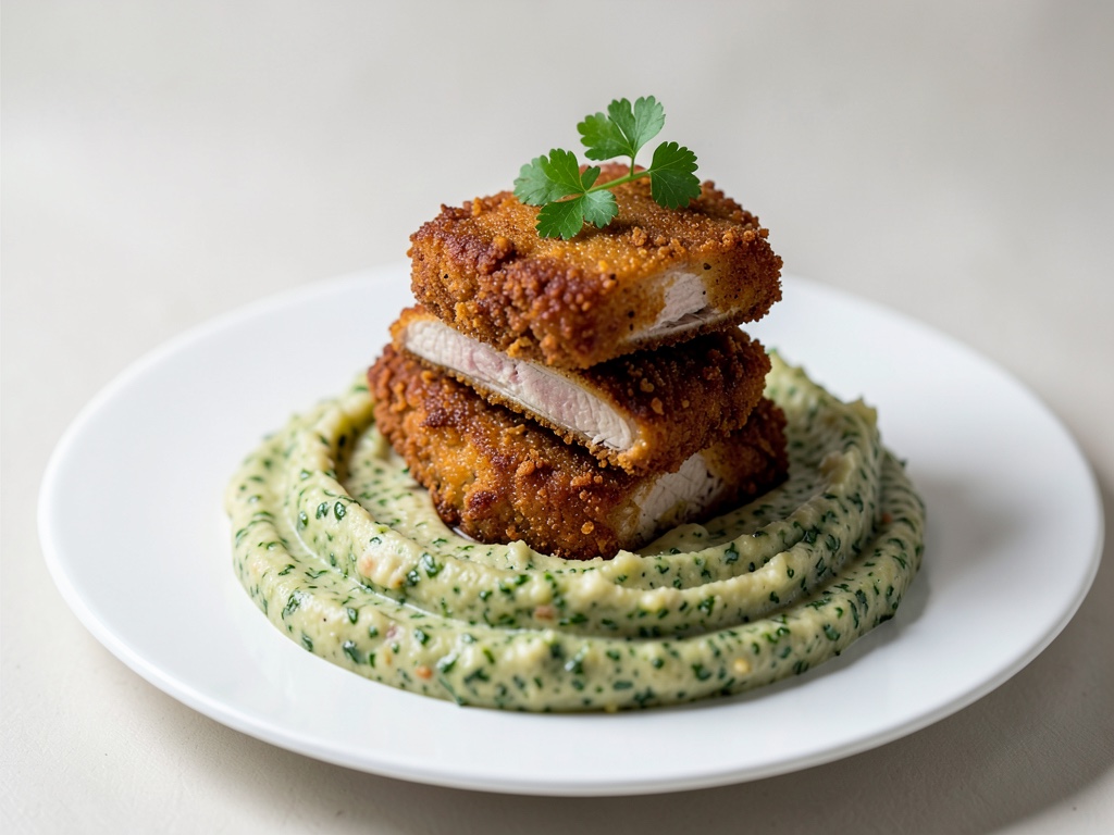 Torri di cotolette di tacchino croccanti su purè di patate al pesto cremoso
