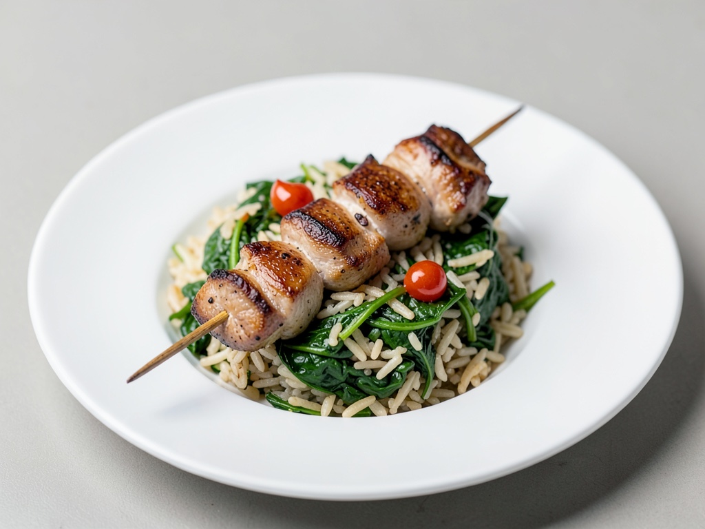 Brochetas de pavo sobre arroz con espinacas