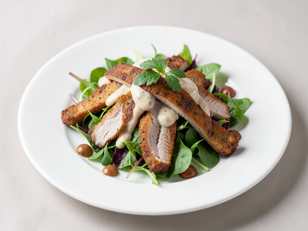 Knusprige Putenstreifen auf frischem Blattsalat mit Ahorn-Dressing