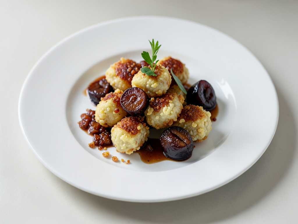 Knusprige Quark-Kartoffelklöße mit karamellisierten Pflaumen