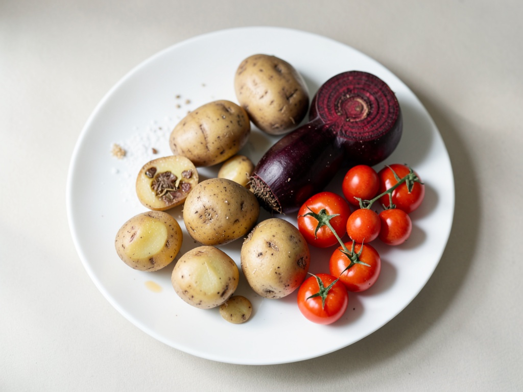 Patate schiacciate con verdure colorate
