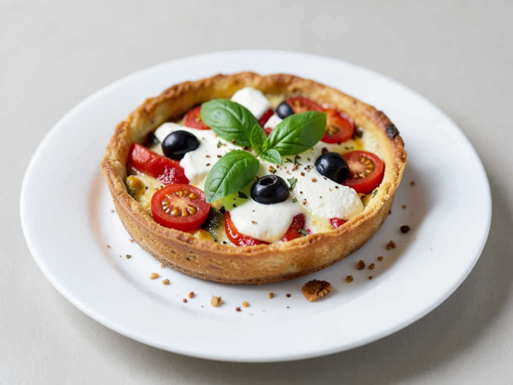 Quiche mit Ricotta, Oliven, Cocktailtomaten und Basilikum