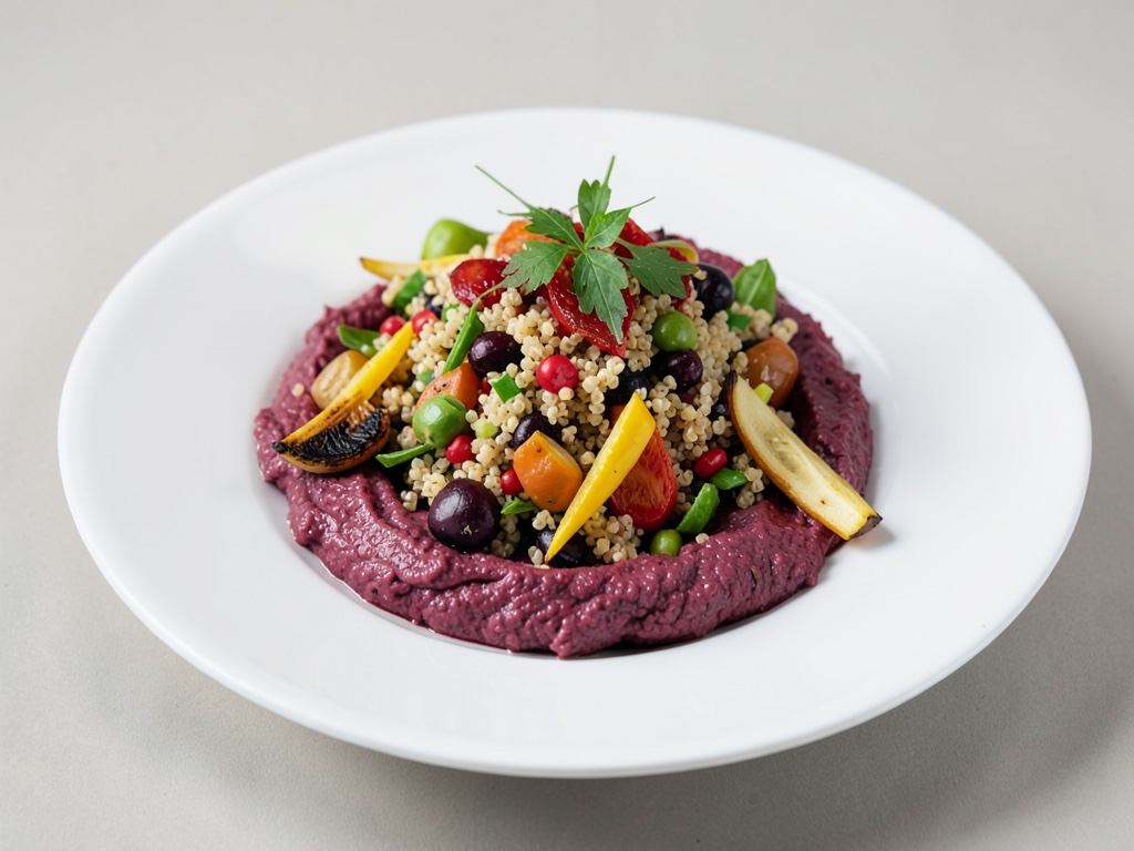 Salade de quinoa colorée avec houmous de betterave et légumes rôtis
