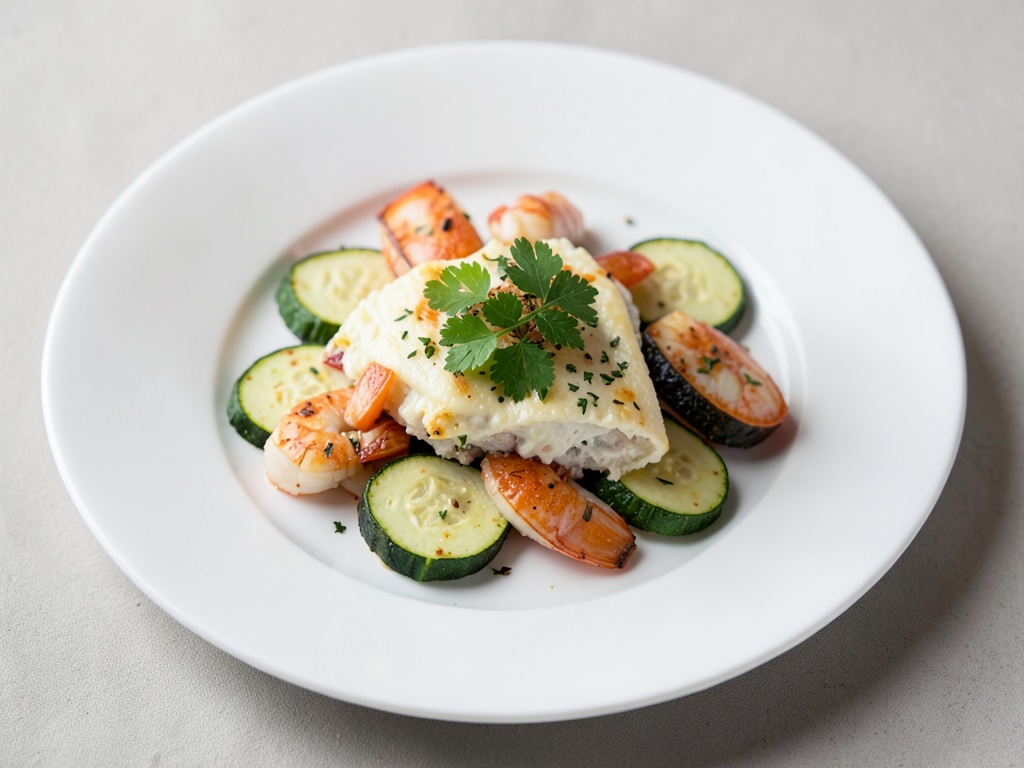 Raclette di pesce con frutti di mare e zucchine