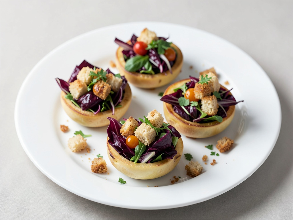 Ciotole di insalata di pere e radicchio croccanti con crostini fatti in casa