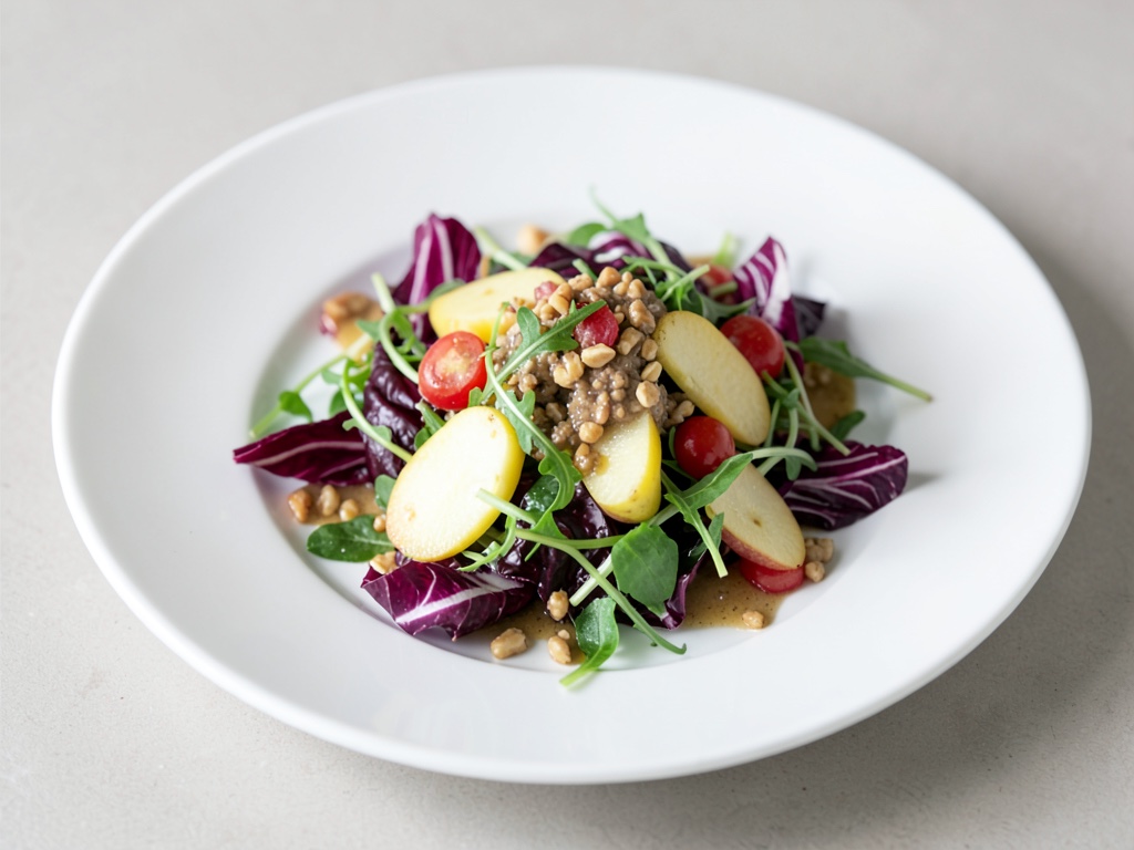 Insalata colorata con radicchio, crescione, pere e condimento alle noci