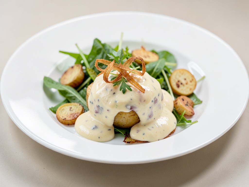 Sauce crémeuse au fromage avec racine de persil croustillante sur salade