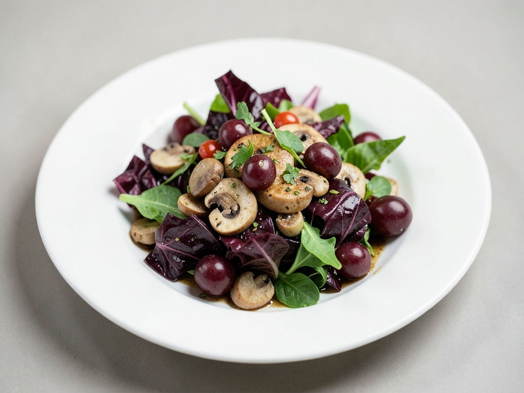 Insalata colorata con radicchio, funghi champignon e uva
