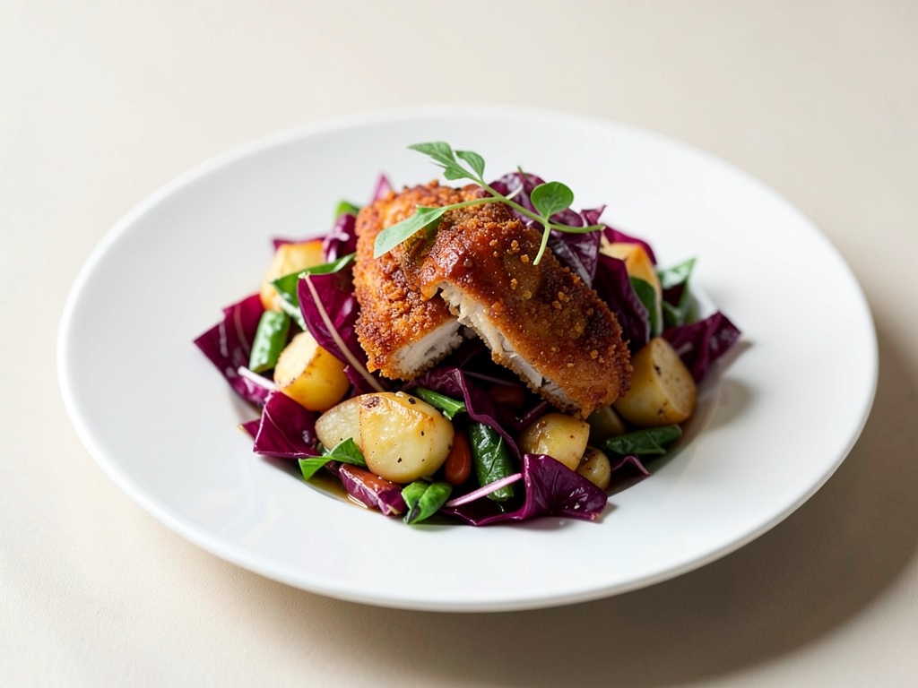 Pollo croccante su insalata di patate al radicchio