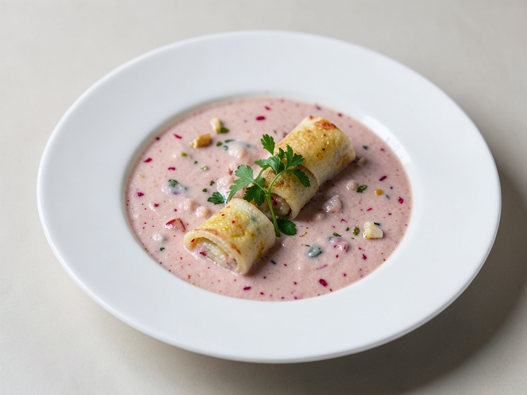 Zuppa cremosa di ravanello con rotolini di platessa
