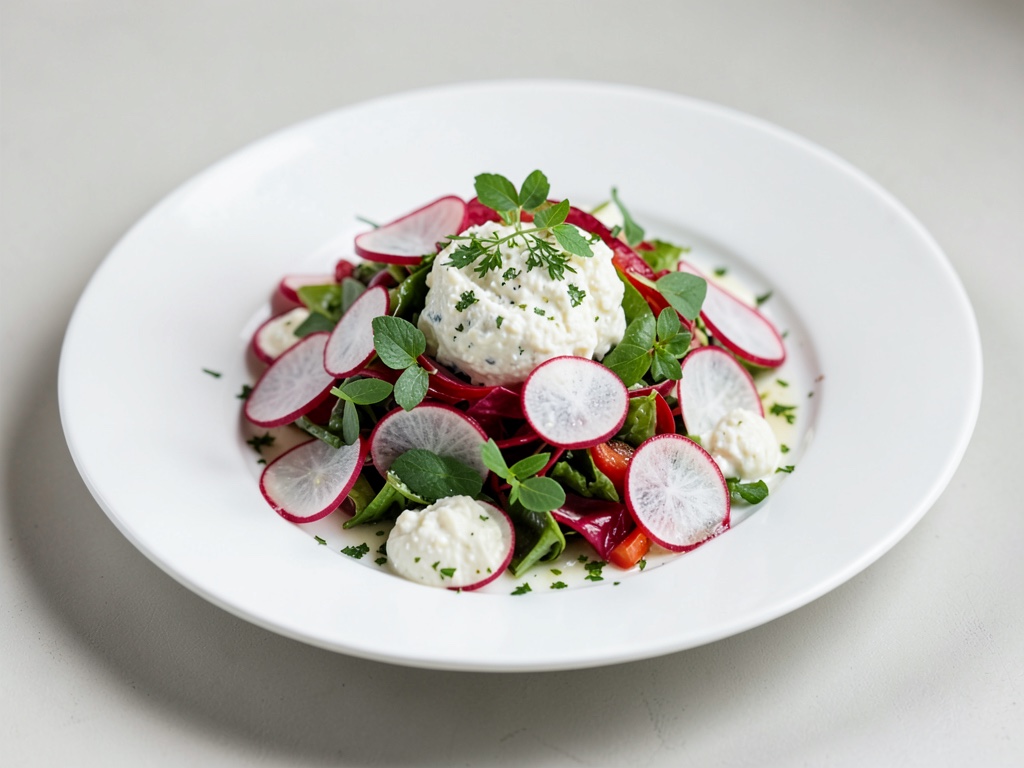 Frischer Radieschen-Salat mit Kräuter-Dip und Hüttenkäse