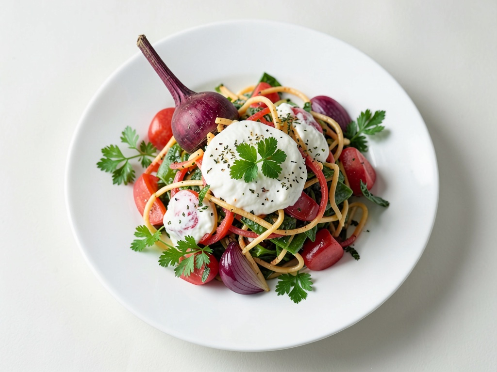 Insalata croccante di ravanello e rafano con morbide palline di ricotta alle erbe