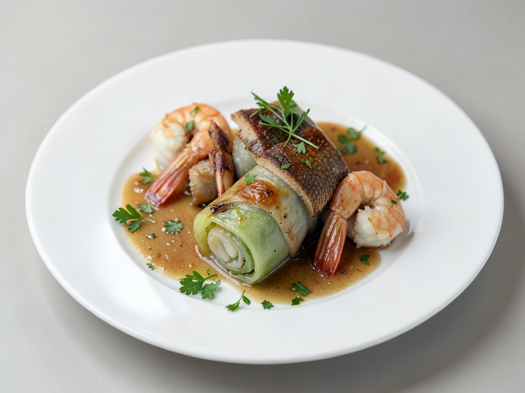 Rotolo di verza con pesce affumicato e gamberi