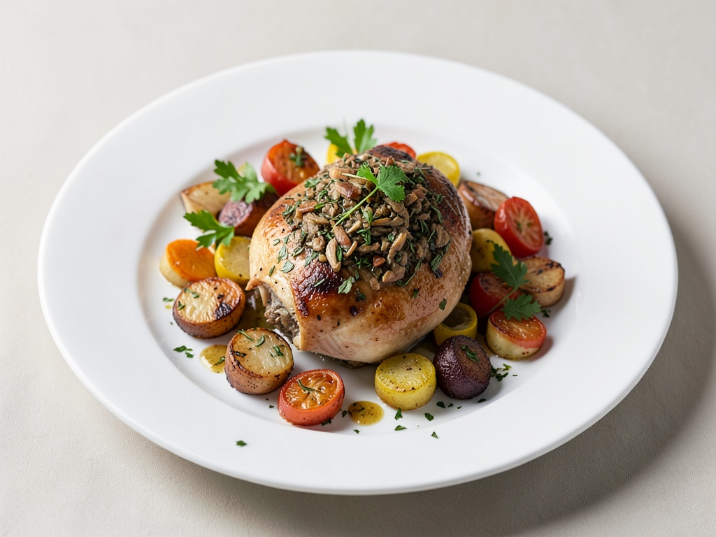 Pollo alle erbe ripieno con verdure miste al forno