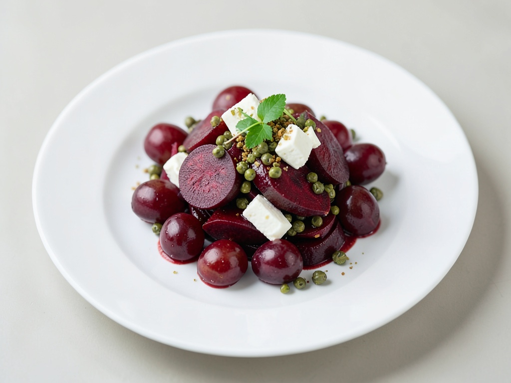 Salade de betterave rouge aux raisins, câpres et fromage de chèvre