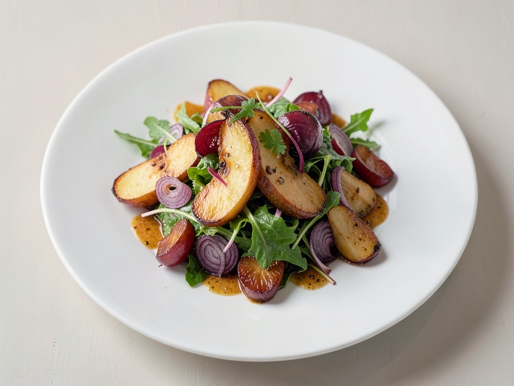 Insalata autunnale di valeriana con pere caramellate e cipolle al vino rosso