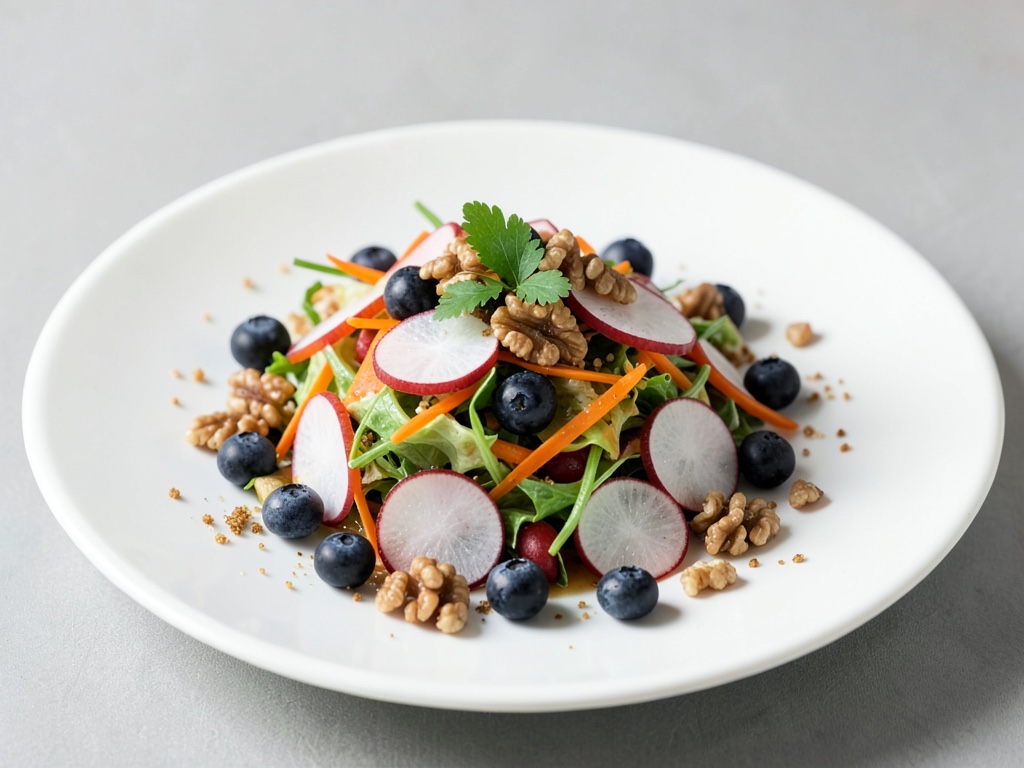 Insalata fresca di carote e ravanello con mirtilli e noci