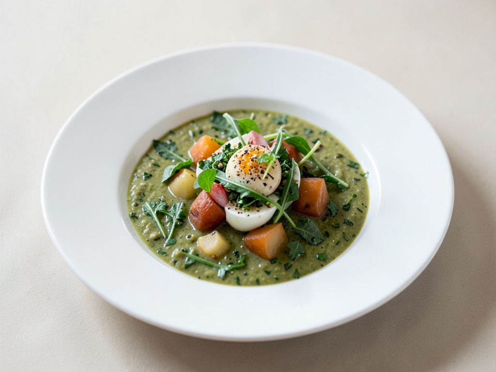 Zuppa fredda di patate e rucola con uovo
