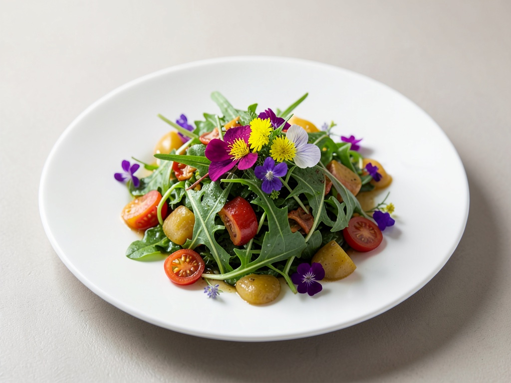 Insalata fresca di rucola con fiori commestibili