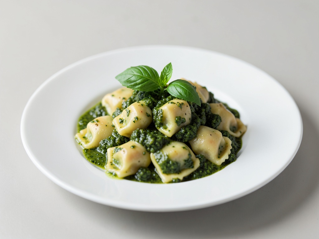 Ravioli caseros con pesto fresco de albahaca