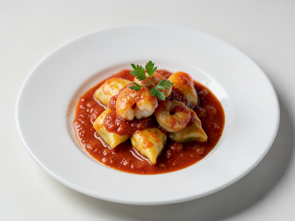 Raviolis aux crevettes dans une sauce tomate épicée