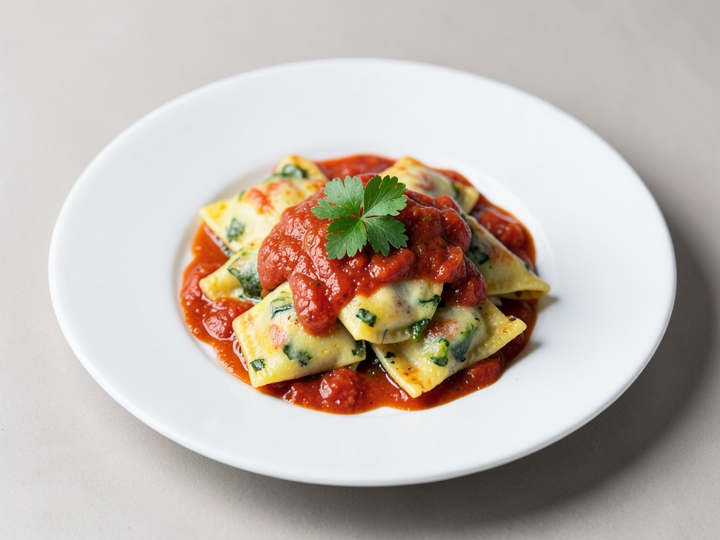 Raviolis au fromage et aux légumes avec sauce tomate