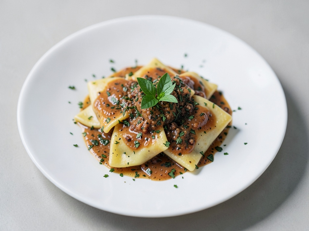 Ravioli al formaggio fatti in casa con salsa alle erbe e peperoni