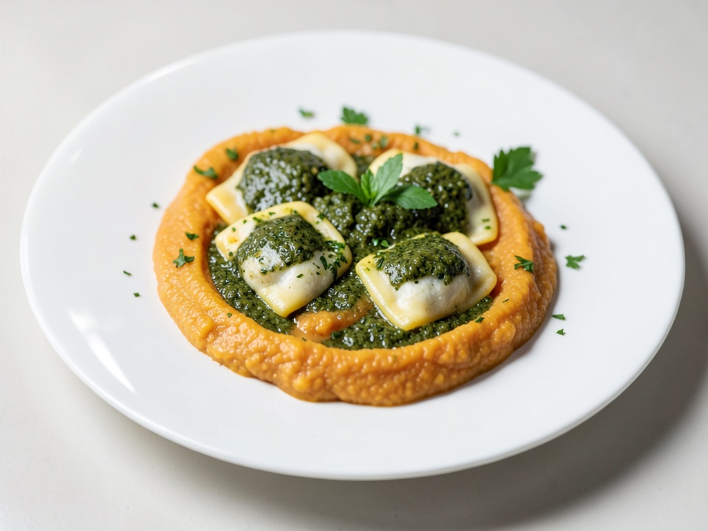 Ravioli fatti in casa con ripieno di ricotta, pesto fresco e purè di zucca cremoso