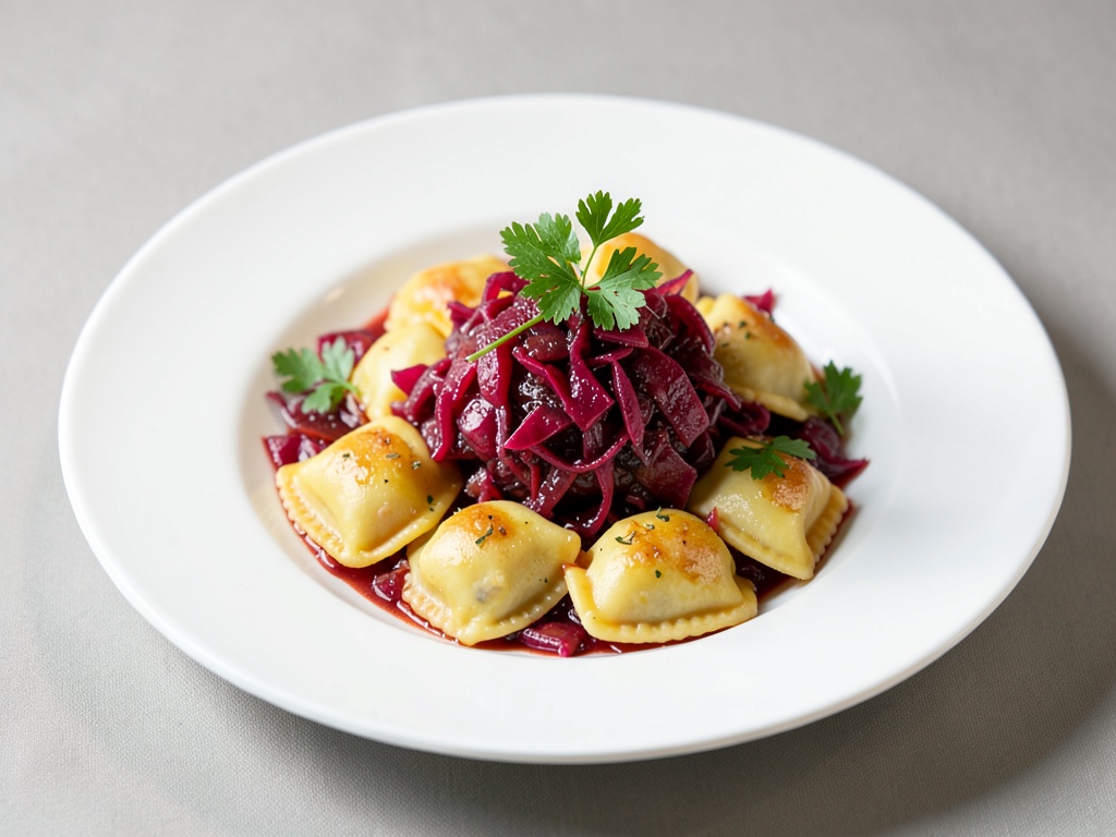Ravioli fatti in casa con ripieno di cavolo rosso dolce e aspro