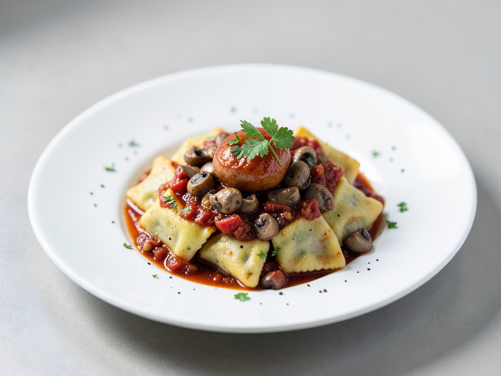Ravioli creativi con salsa piccante di funghi e pomodori