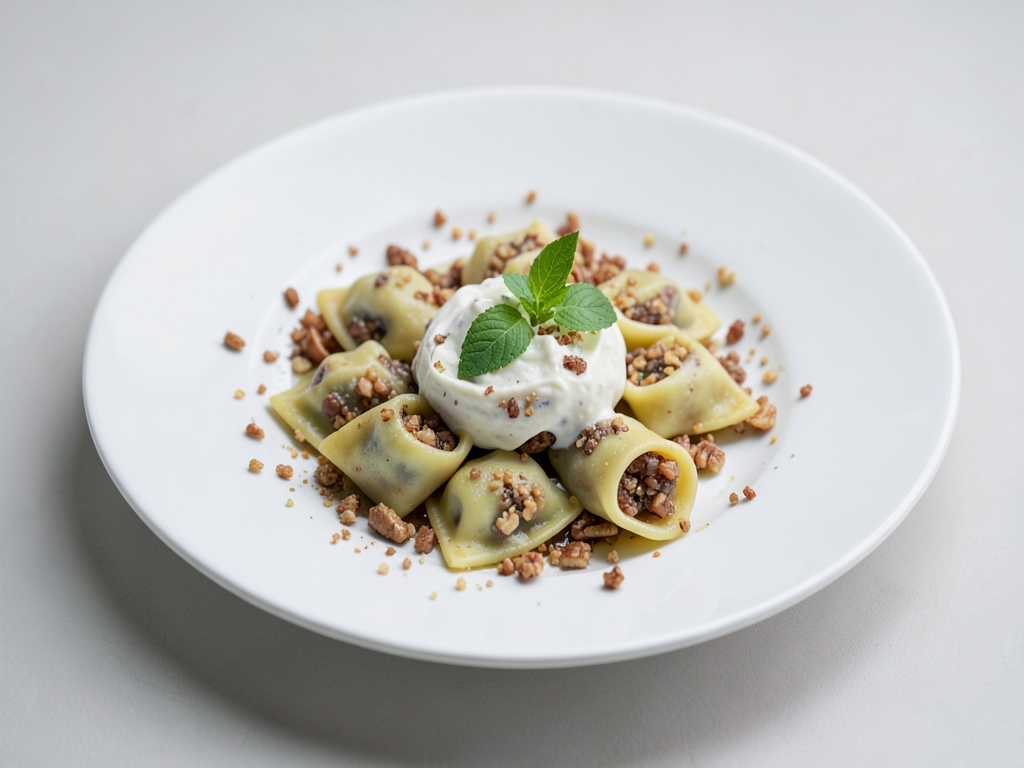 Ravioli caseros con relleno de nuez y crema de nuez