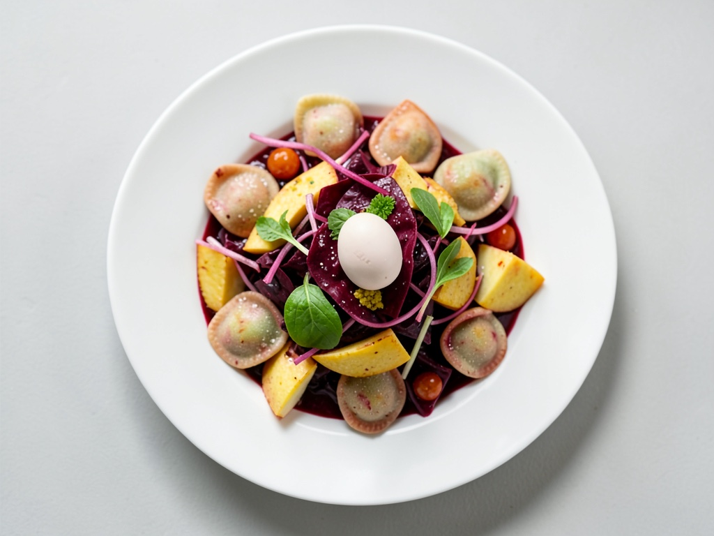 Salade de raviolis colorés avec betterave, courge et poire
