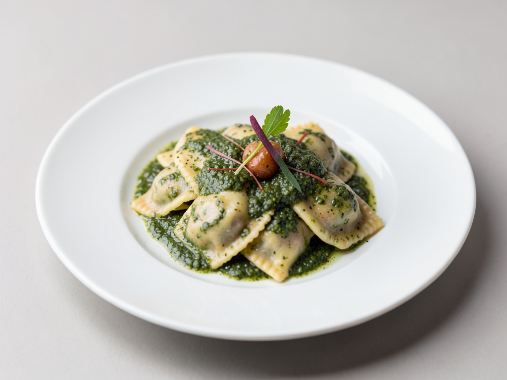 Ravioli fatti in casa con ripieno di ricotta e pesto fresco