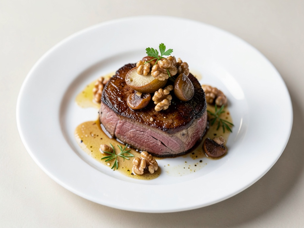 Tenero filetto di coscia di cervo con funghi chanterelle e vinaigrette alle noci