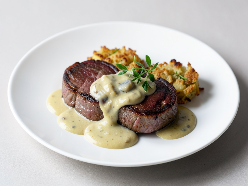 Filetto tenero di cervo con salsa cremosa di chanterelle e rösti di patate croccanti