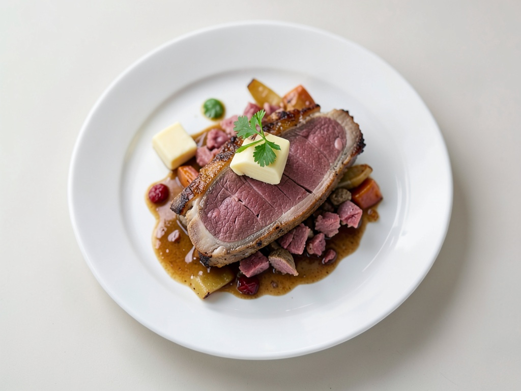 Fascianti bistecche di lombo di cervo con stelle di polenta croccanti e funghi champignon