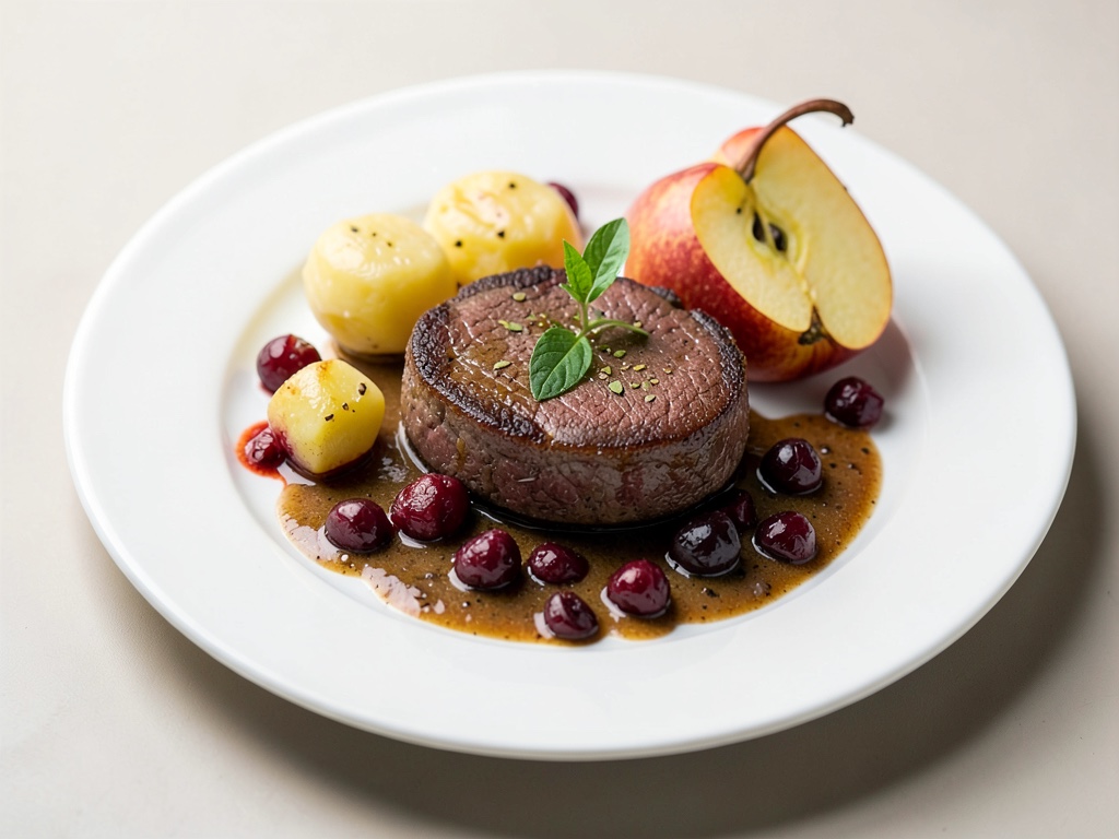 Filet de cerf avec boulettes de pommes de terre et pommes au four aux airelles